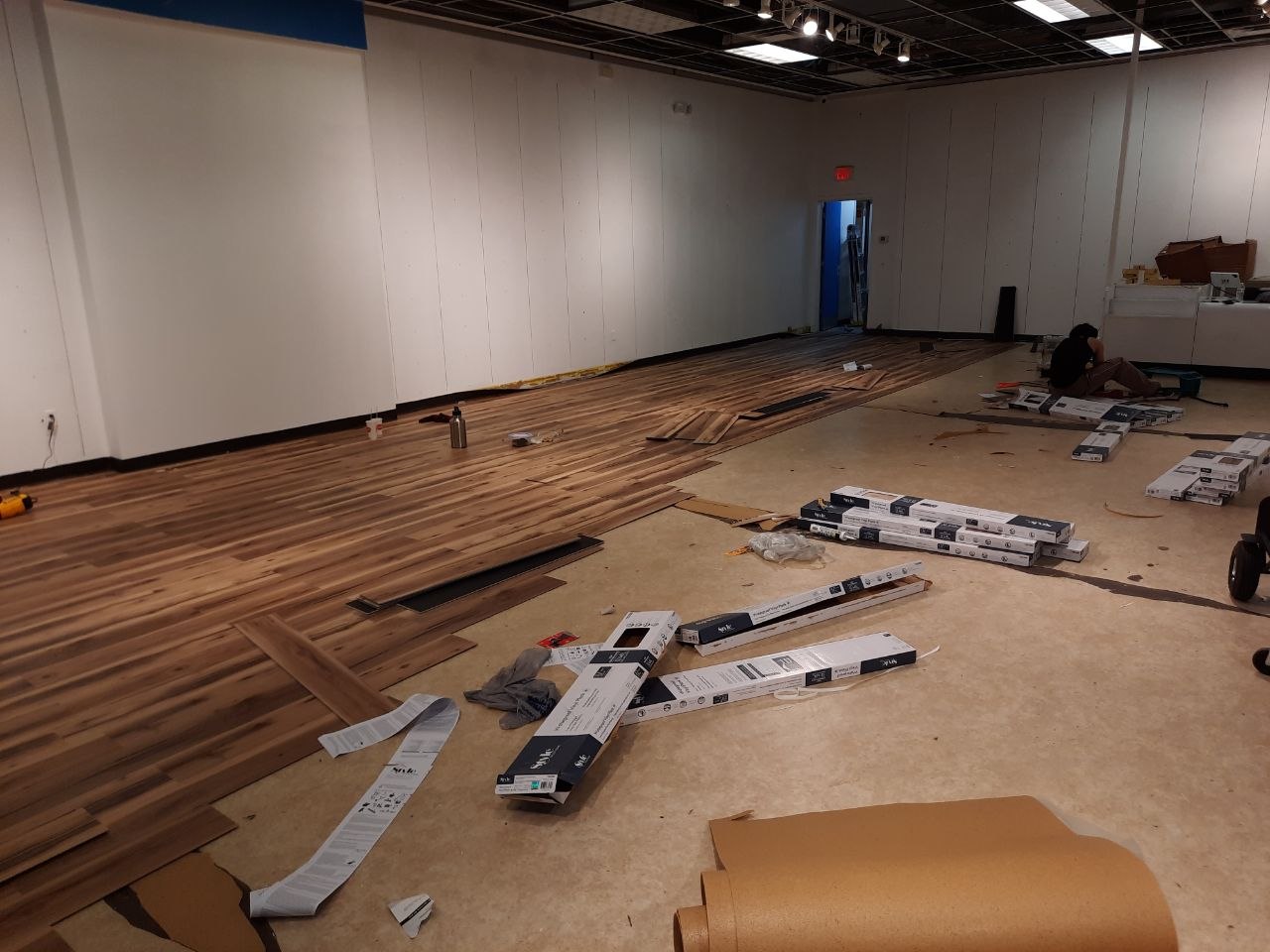 Commercial flooring installation in progress